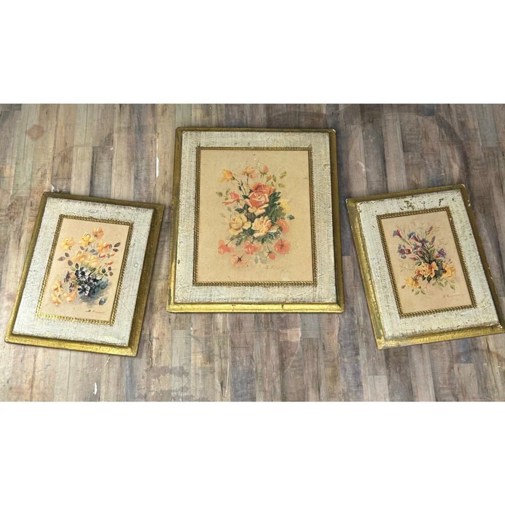 Vintage Marked Made in Italy Small Rectangles Floral Art Wall Frames Paintings